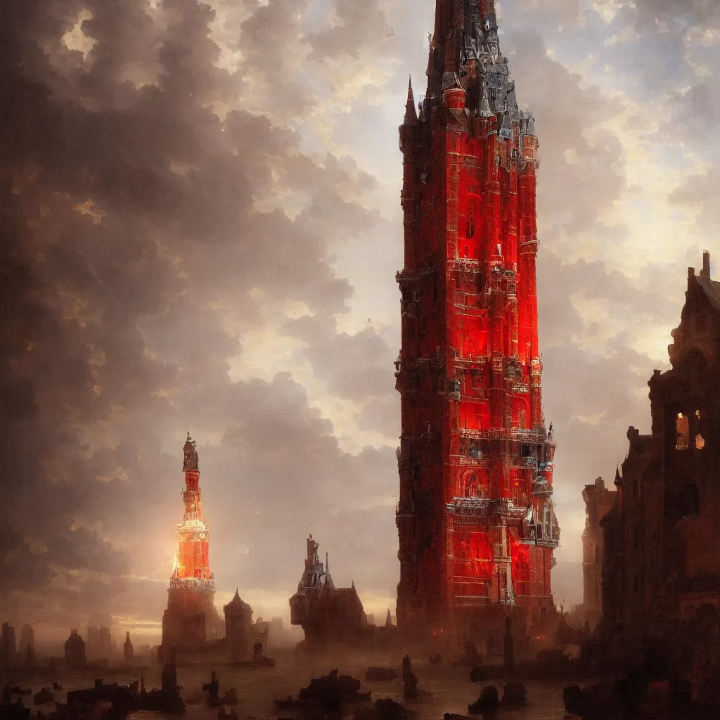 Prompt: Highest tower standing over all other towers, the great tower of Holland, intricate, elegant, highly detailed, warm bright red white and blue light, tower reaching the heavens, god giving approval to tower, colossal tower, digital painting, artstation, concept art, smooth, detailed oil painting by Bouguereau