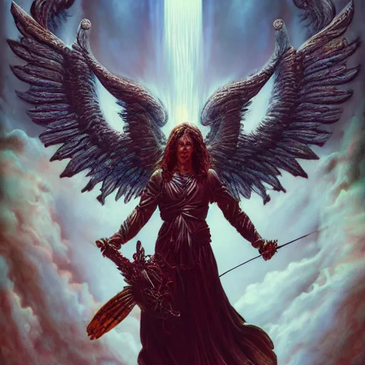 Image similar to photorealistic biblically accurate demonic archangel the style of michael whelan and gustave dore. hyperdetailed photorealism, 1 0 8 megapixels, amazing depth, glowing rich colors, powerful imagery, psychedelic overtones, 3 d finalrender, 3 d shading, cinematic lighting, artstation concept art