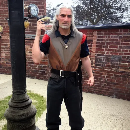 Prompt: real life geralt of rivia working as a postman