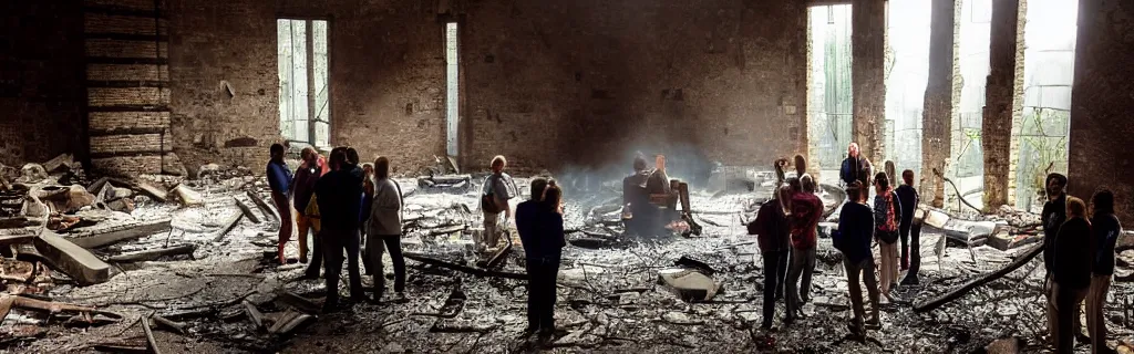 Image similar to group huddled around a fire in a decaying building with the world outside overgrown and in ancient architecture ruins from a higher perspective with dramatic lighting