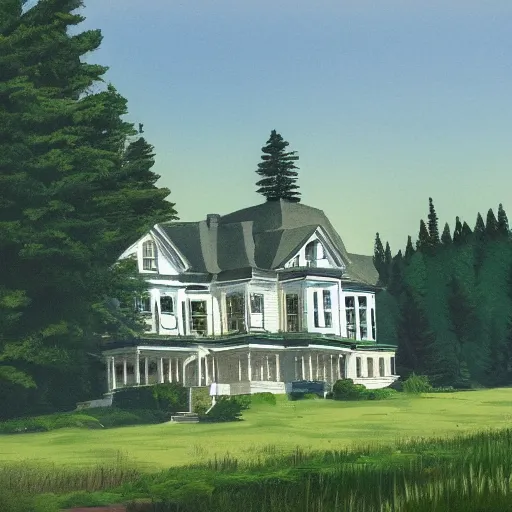 Image similar to Victorian mansion beside an inland lake in rural Maine, artstation, felix Kelly, Bob Ross