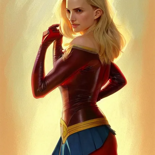 Prompt: Blonde Natalie Portman as Super Girl, western, D&D, fantasy, intricate, elegant, highly detailed, digital painting, artstation, concept art, matte, sharp focus, illustration, art by Artgerm and Greg Rutkowski and Alphonse Mucha