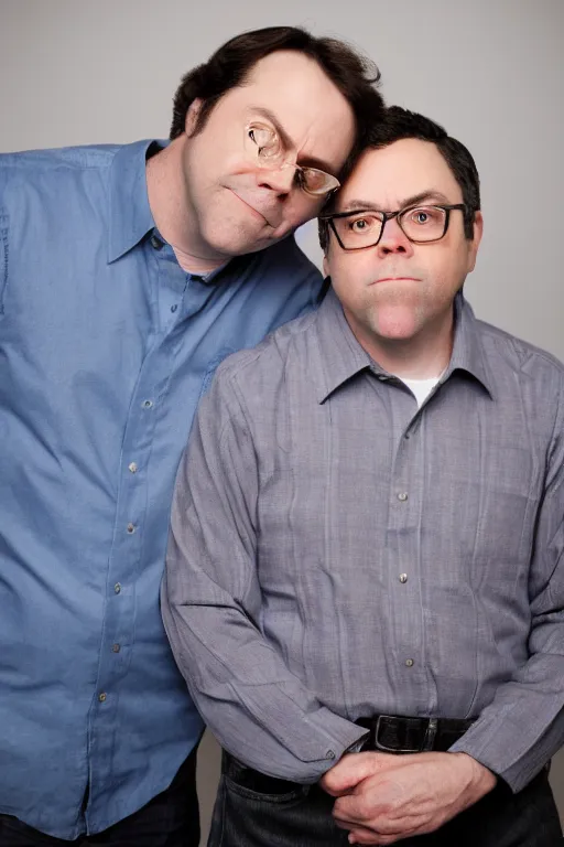 Prompt: portrait photo of dwight schrute and joe lo truglio, close up, high quality, studio lighting, sigma 8 5 mm f / 1. 4