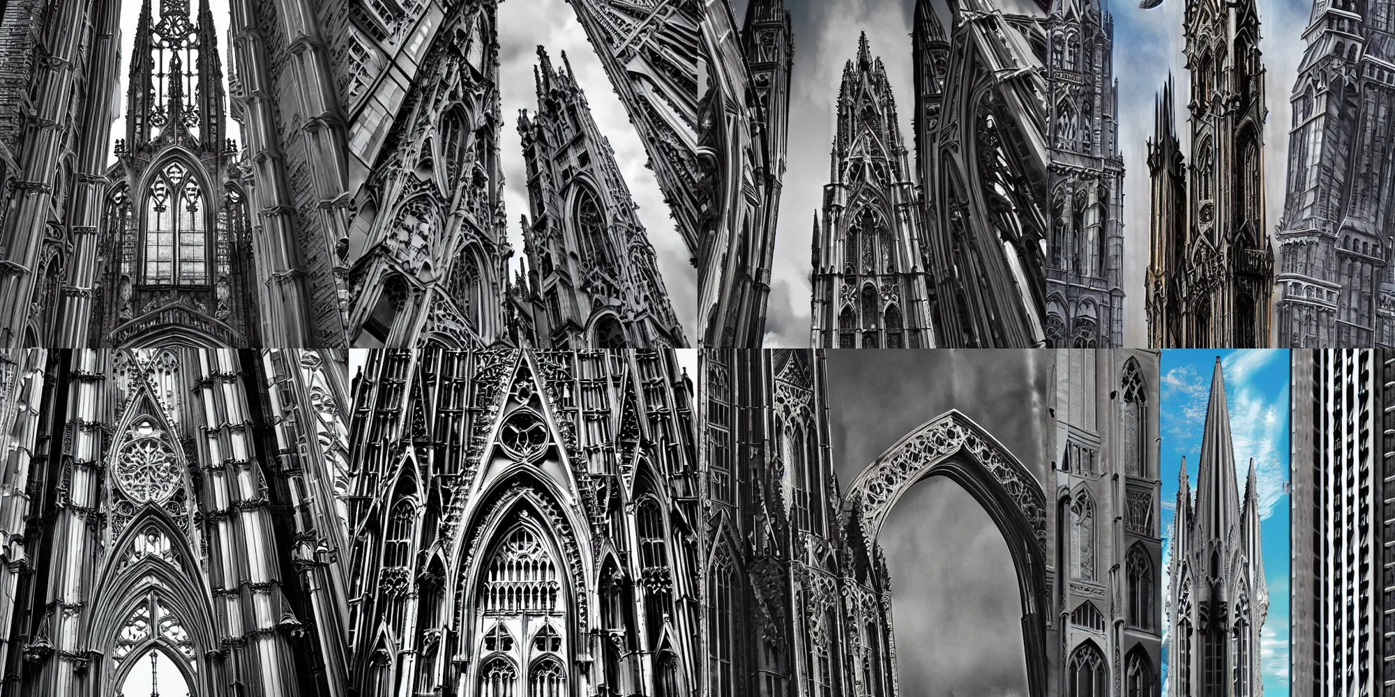 Prompt: gothic skyscrapper, focus, hyper detailed, 4 k, detailed, cityscape, skyline, stainless windows, ogival arch, flying buttress, elaborate tracery,