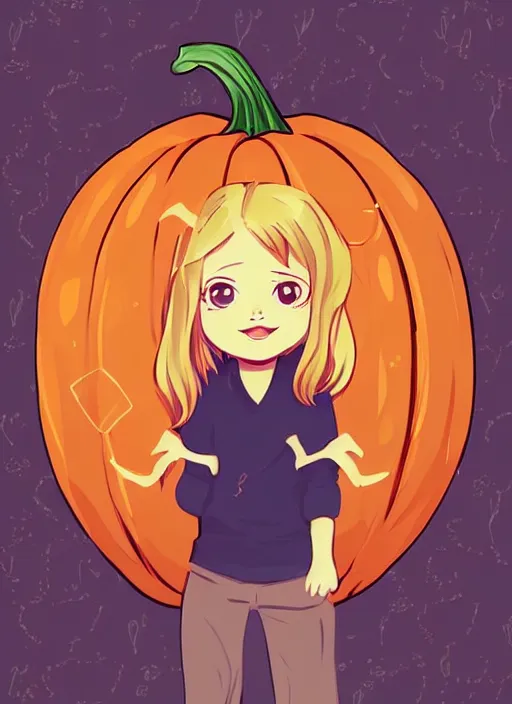 Prompt: little girl with golden blonde hair holding a halloween pumpkin. clean cel shaded vector art. shutterstock. behance hd by lois van baarle, artgerm, helen huang, by makoto shinkai and ilya kuvshinov, rossdraws, illustration, art by ilya kuvshinov