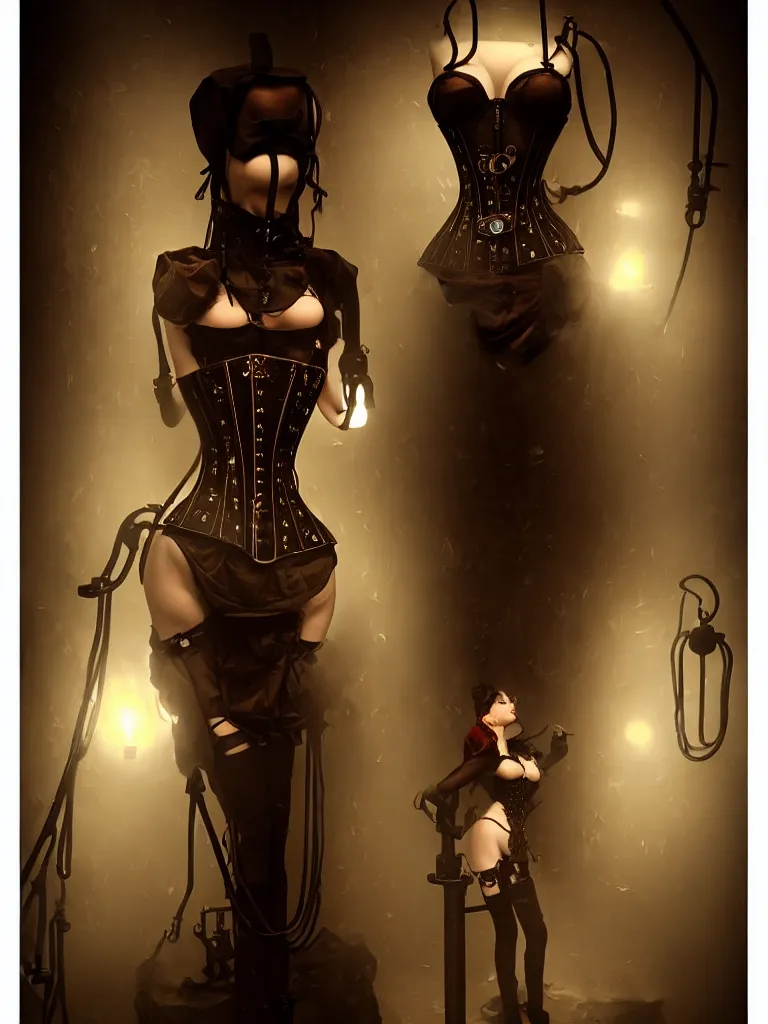 Prompt: inside a steampunk steam room with goth corset on a mannequin, misty steam pipes by Anato Finnstark, artstation behance