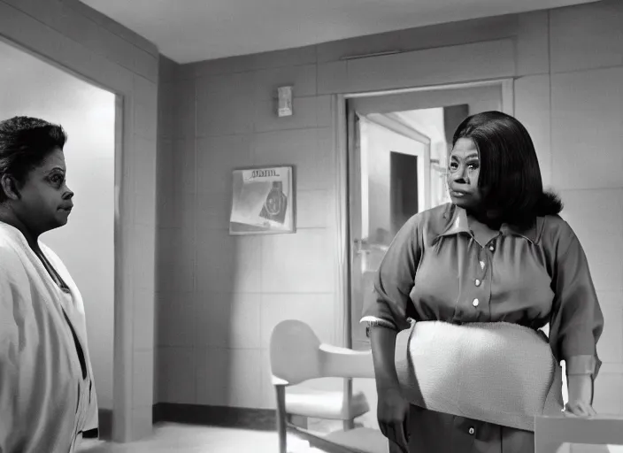 Image similar to cinematic shot of octavia spencer confronts joe manchin in a motel, in the near future, iconic scene from the paranoid thriller sci fi film directed by stanley kubrick, color theory, apartment design, leading lines, photorealistic, volumetric lighting, shot on color kodak stock