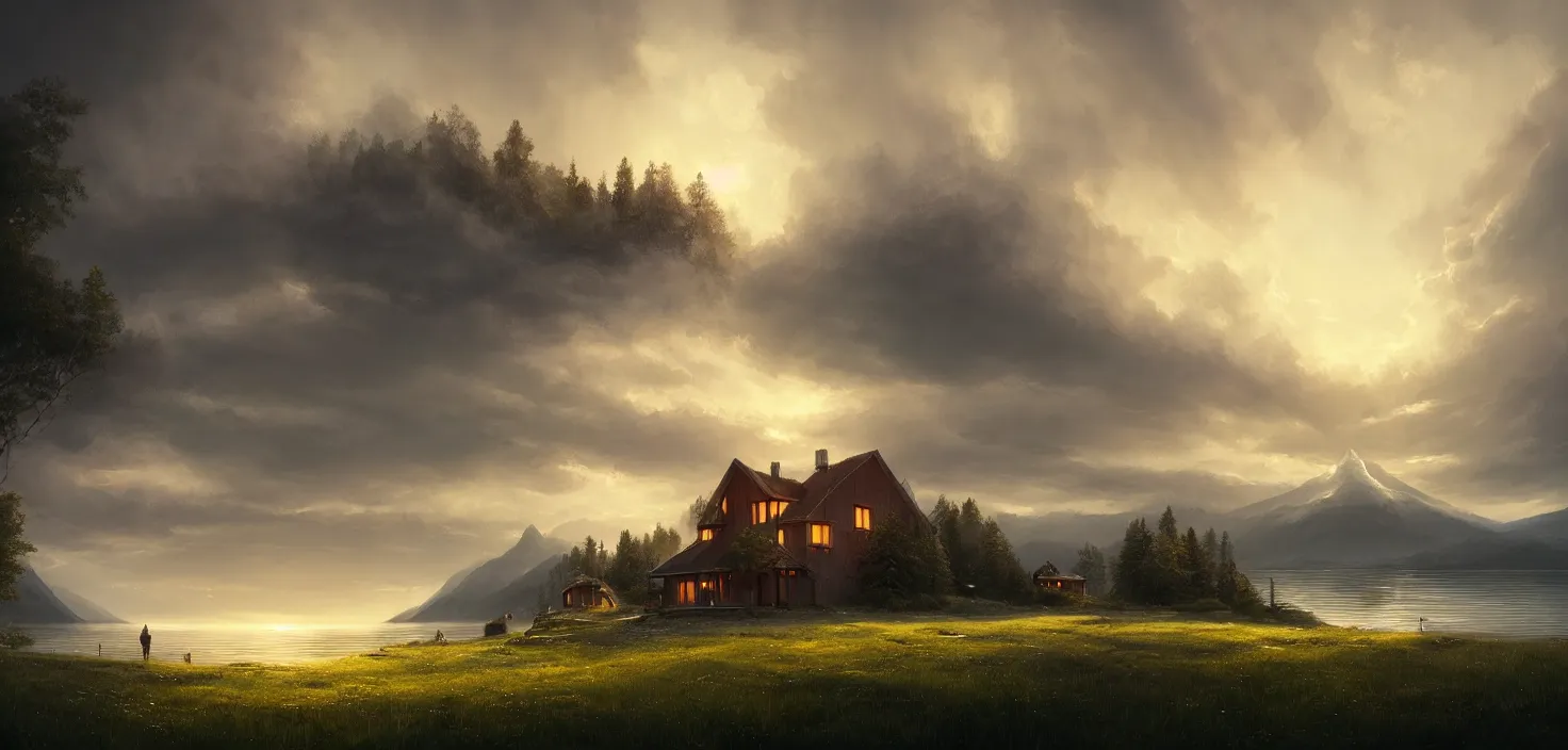 Prompt: scandinavian style house on the lake shore panoramic landscape, cinematic view, epic sky, detailed, concept art, low angle, high detail, warm lighting, volumetric, godrays, vivid, beautiful, trending on artstation, by jordan grimmer, huge scene, grass, art greg rutkowski