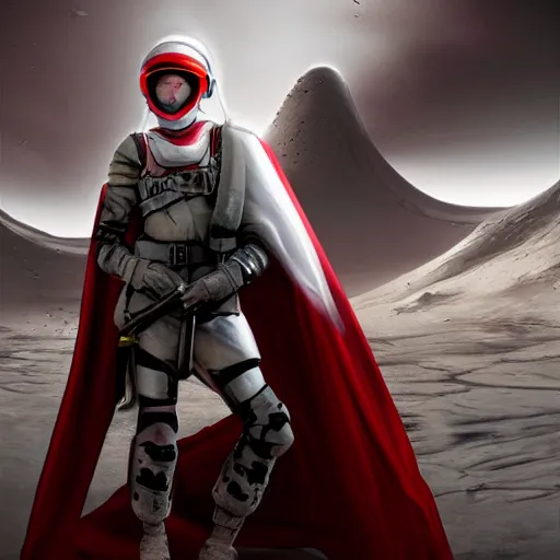 Image similar to a young female soldier with soot stained face, no makeup, in glossy sleek white bloodstained dinged scuffed armor , long torn red cape, heroic posture, determined expression, no helmet, on the surface of mars, dramatic lighting, cinematic, sci-fi, hyperrealistic, detailed