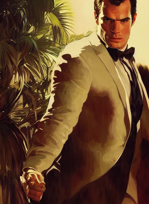 Image similar to portrait of henry cavill as james bond, casino, key art, sprinting, palm trees, highly detailed, digital painting, artstation, concept art, cinematic lighting, sharp focus, illustration, by gaston bussiere alphonse mucha