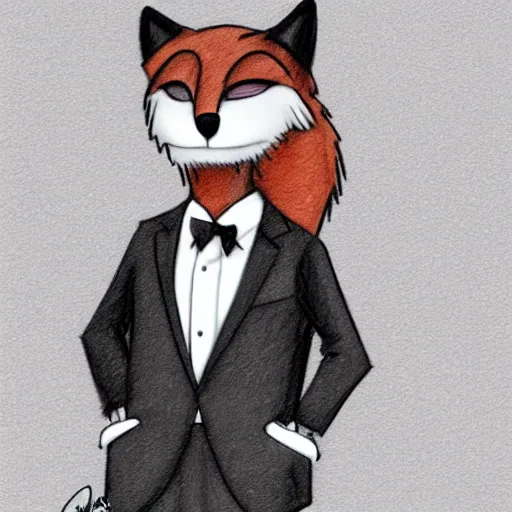Image similar to autographed pencil sketch of an anthropomorphic male fox furry fursona in a tuxedo with medium length black hair, handsome eyes, posing with hands in pocket, hdr photograph of notebook
