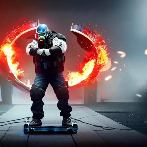 Prompt: Montagne from Rainbow Six Siege standing on a hoverboard with explosions and flames behind him, realistic, HDR, 8k, trending on artstation