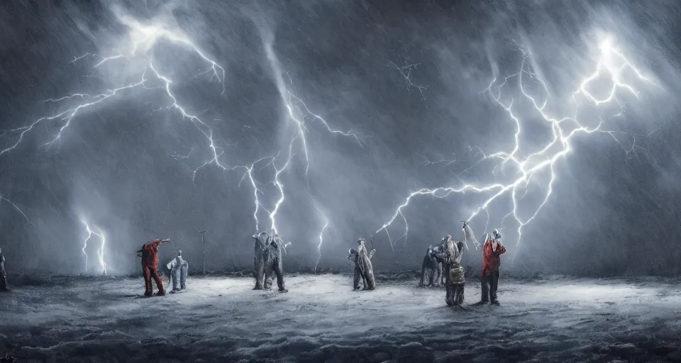 Image similar to slipknot concert, snowy, windy, by eugene von guerard, ivan shishkin, night, lightning!!, storm!, dramatic lighting, concept art, trending on artstation, 8 k