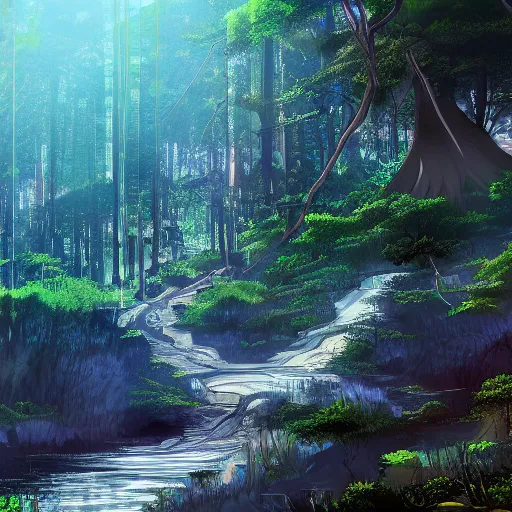 Image similar to far deep drop, to the sky to the top, lakes we cross to see the trees, lost and gone, suffer disease, trending on artstation, anime style 4 k