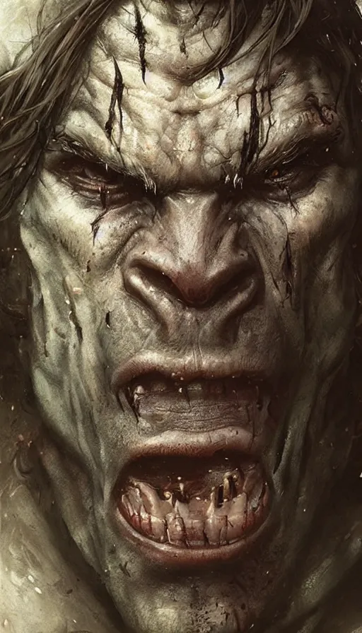 Prompt: Portrait of a battle-scarred orc, male, detailed face, fantasy, highly detailed, cinematic lighting, digital art painting by greg rutkowski
