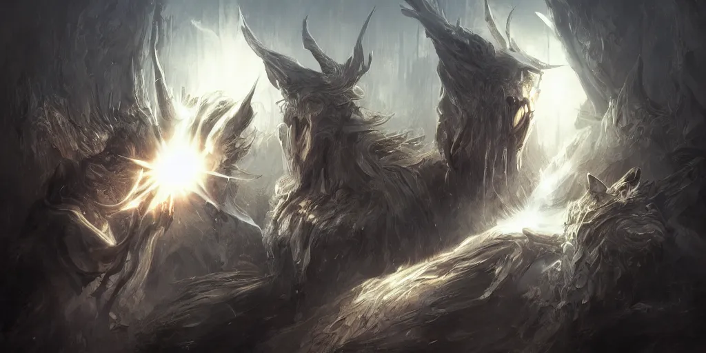 Prompt: the holy light pierces through the evil beasts, concept art, digital illustration, trending on artstation, deviantart, artgerm, epic composition, masterpiece, highly detailed, advanced technique, ambient lighting, wlop, ross draws