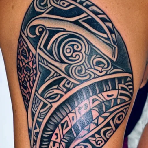 Image similar to A Maori tattoo depicting a shark, a guitar, some roses and gold coins