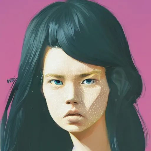 Image similar to highly detailed portrait of a punk young lady by Atay Ghailan, Cliff Chiang, loish, Brian Lee O'Malley and Goro Fujita, yellow, black, brown and cyan mystical tones, symmetrical composition, 8k resolution, exagerrated proportions, long neck, forward facing, trending on artstation, featured on behance, freckles