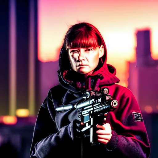 Image similar to photographic portrait of a techwear woman holding a shotgun, closeup, on the rooftop of a futuristic city at night, sigma 85mm f/1.4, 4k, depth of field, high resolution, full color, Die Hard, movies with guns, movie firearms