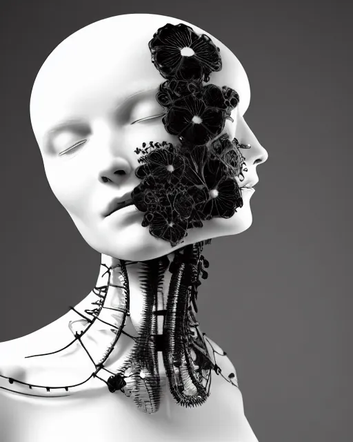Image similar to black and white dreamy foggy profile face portrait, one steampunk eye biomechanical beautiful young female cyclope - cyborg - robot bust, body ribs meshes,, volumetric light, hibiscus flowers, by hg giger, rim light, by dora maar and cecile beaton, big gothic fashion pearl embroidered collar, 8 k