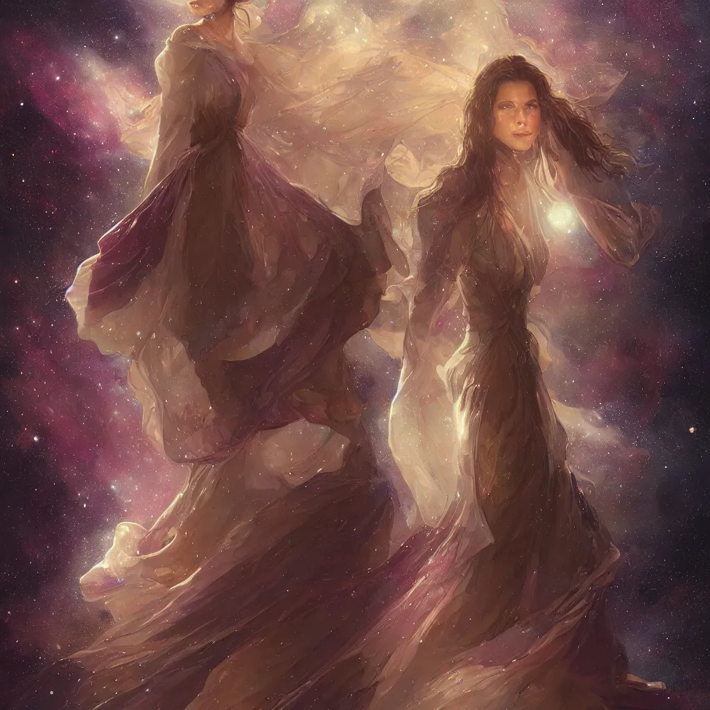 Prompt: girl wearing a dress made out of the nebula, ultra realistic illustration, alanis guillen, intricate, elegant, highly detailed, digital painting, artstation, concept art, smooth, sharp focus, illustration, art by artgerm and greg rutkowski and alphonse mucha