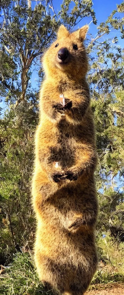 Image similar to happy quokka taking a selfie and smoking a joint, golden hour, ultra realistic