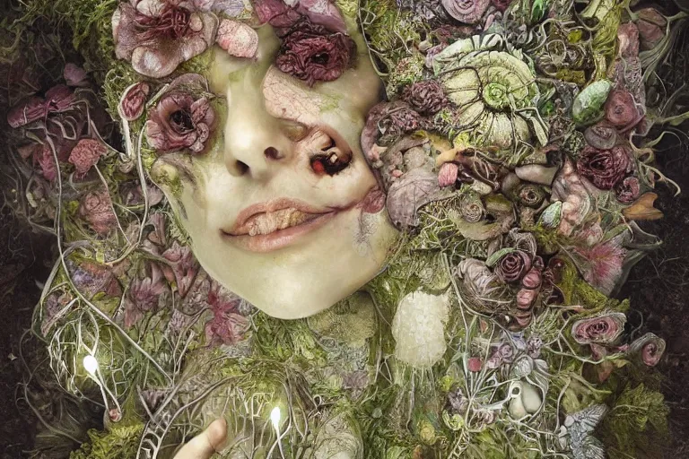 Image similar to beautiful and detailed rotten woman corpse with fractal plants and fractal flowers and mushrooms growing around, face muscles, veins, arteries, intricate, ornate, surreal, ray caesar, john constable, guy denning, dan hillier