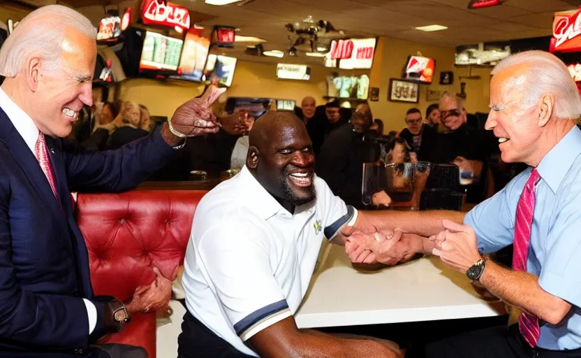 Image similar to a photo of joe biden at papa john's with shaquille o'neal