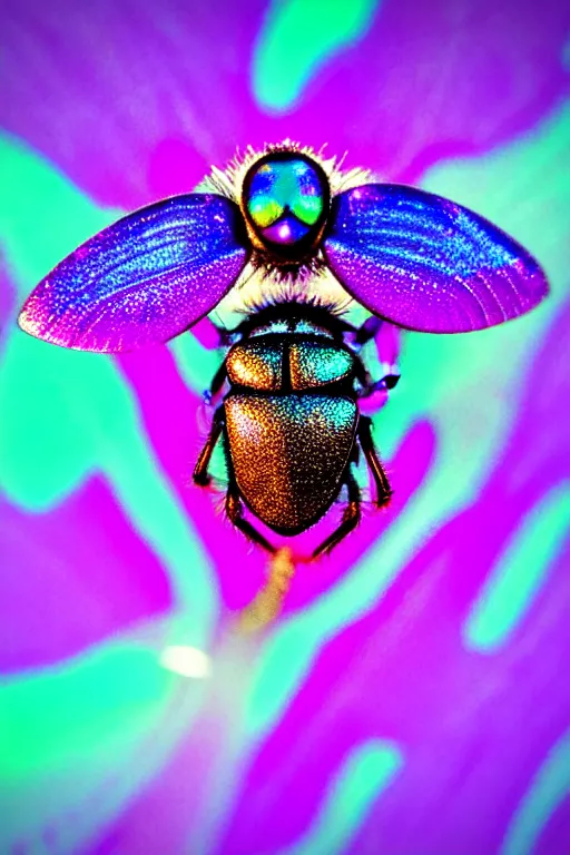 Image similar to high quality macro photo iridescent art nouveau fly! jeweled gorgeous! highly detailed digital art david ligare elson peter cinematic purple neon lighting high quality low angle hd 8k sharp shallow depth of field