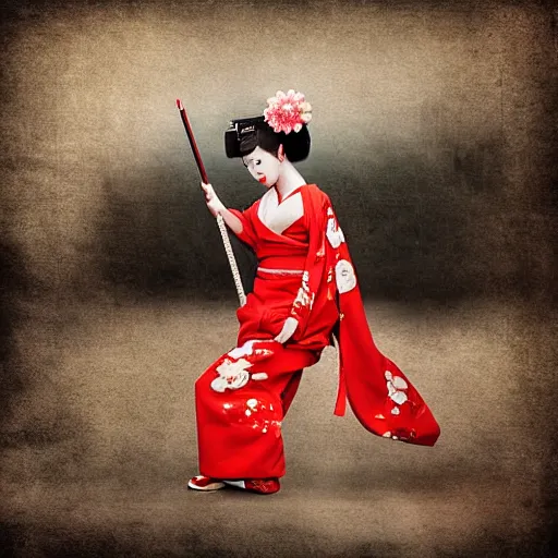 Image similar to geisha as a samurai, in battle, advertising photography