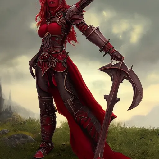 Prompt: A noble female red dragonborn paladin with a halberd heroically posing in front of a castle, fantasy, medieval, cinematic, plate armor, serious expression, 8k, trending on artstation, Bayard Wu, Rudy Siswanto, Sam Santala, In the style of Clint Cearley