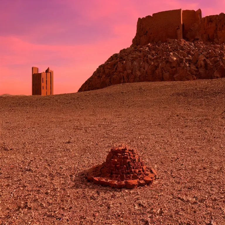 Image similar to cracked dry ground, desert, babel tower in the background, fire, red sky