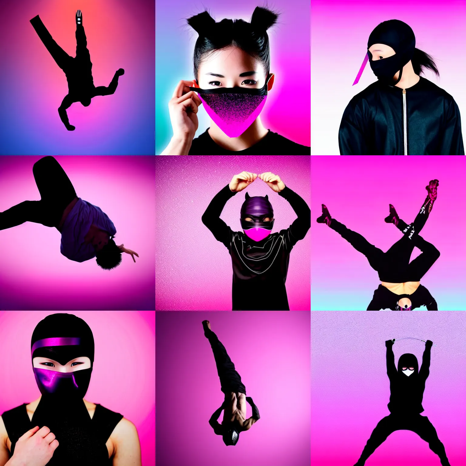 Prompt: ( ( ( ninja assassin ) ) ), doing a backflip, metallic mask around the mouth, ( ( ( anime ) ) ), fantasy, ( ( ( elegant ) ) ), pink gradient background