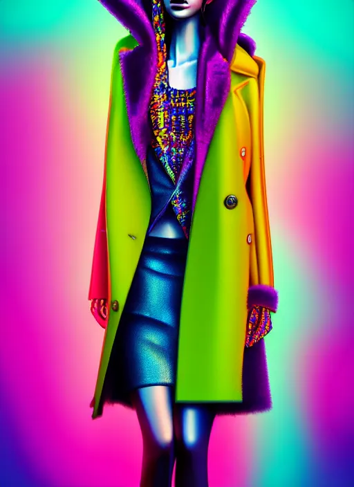 Image similar to stylish coat for a rave, bright colors, many details, prints, photo for a magazine, photo for a store, fashion photography, Vogue, 135 mm, cinematic, hyper realism, high detail, octane render, 8k, chrome accents, very coherent symmetrical artwork, perfect face model, full length photo, Upper and lower body, even skin tone