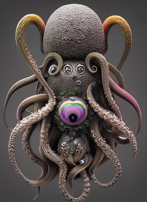 Prompt: raccoon and octopus hybrid, rococo, intricate geometry, rainbow mycelium, basil wolverton, hr giger, octane render,