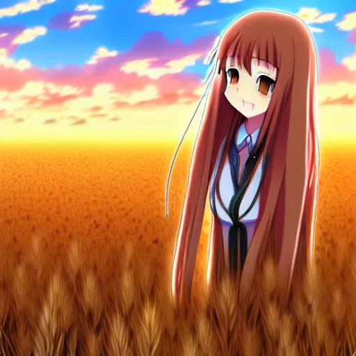 Image similar to anime illustration of Holo from Spice and Wolf standing in a wheat field at sunset, Holo is a wolf girl, high detail, trending on pixiv