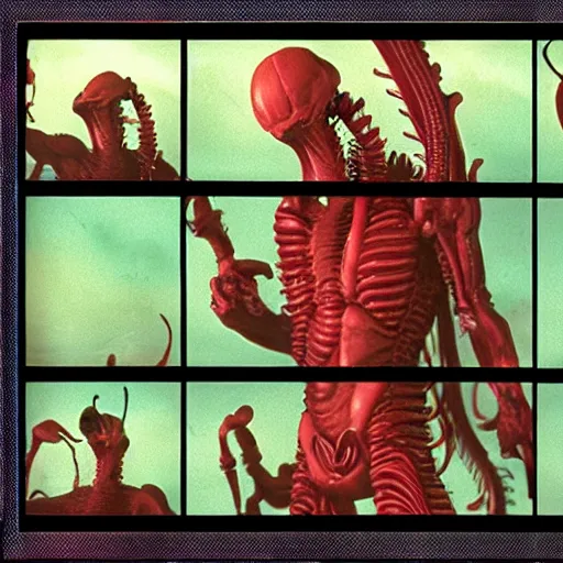 Prompt: xenomorph. film strip. 9 frames.