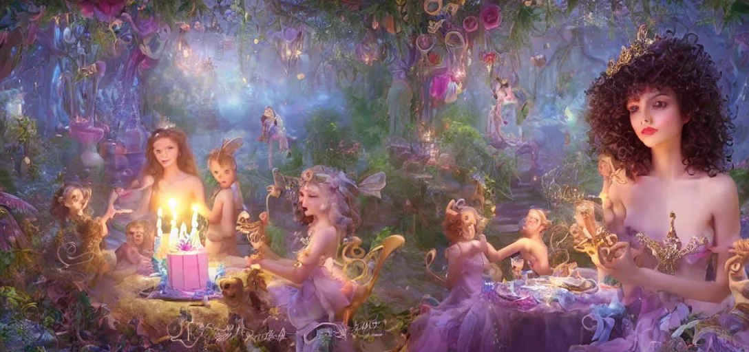 Image similar to beautiful fairy, perfect face and body, with curls, at her birthday party in a magic garden, around monkeys, diamonds and scissors, details, smooth, sharp focus, illustration, realistic, cinematic, artstation, gold, ornate, award winning, original modern artwork, rgb ethereal lighting, 8k