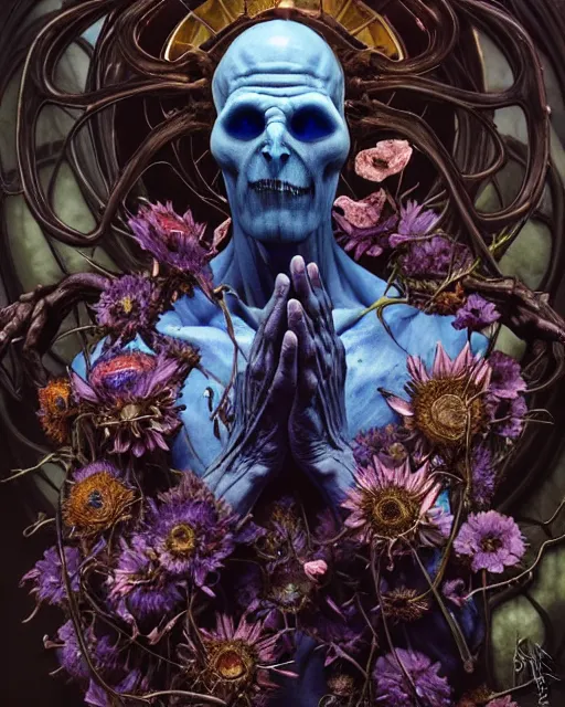 Prompt: the platonic ideal of flowers, rotting, insects and praying of cletus kasady ultimate carnage thanos dementor doctor manhattan chtulu nazgul bioshock davinci, d & d, detailed, intricate, hyperrealism, intense, scary, decay, dmt, art by brock hofer and artgerm and greg rutkowski and alphonse mucha