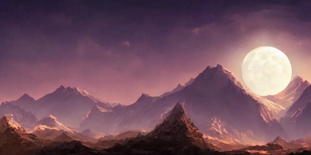 Image similar to large mountains in the distance, moon in the night sky, landscape wallpaper, d&d art, fantasy, painted, 4k, high detail, sharp focus, artstation