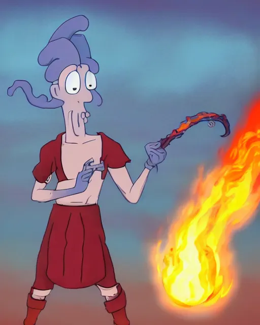 Image similar to squidward wearing fire nation clothing and practicing firebending outside at susnset [ photorealistic ]