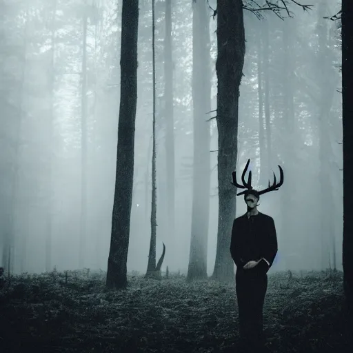 Prompt: an old photo of a tall pale man with antlers deep in a dark foggy forest