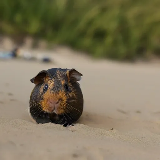 Image similar to a guinea pig using a metal detector on the beach, 4k photorealism