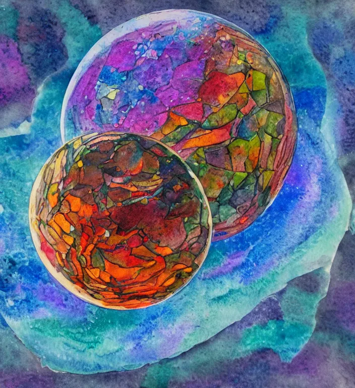 Image similar to a 1988 watercolor and ink and acrylic pour illustration of an intricate and faceted crystal ball with a world inside of it + impasto + dissolving in to light + prism + god rays + dramatic lightning + backlit + specular + caustics