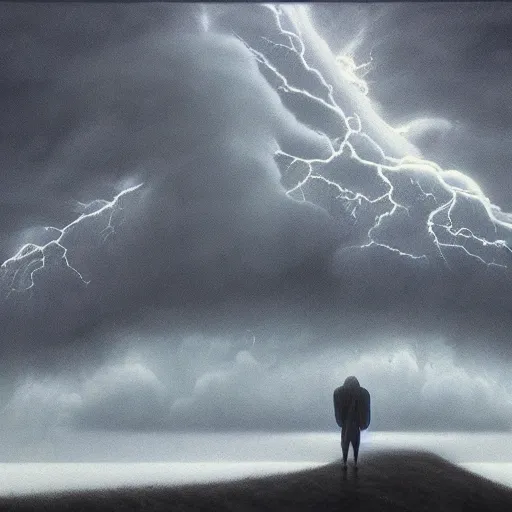 Image similar to killua zoldyck made by zdzisław beksinski, thunderstorm, 8 k, detailed, cinematic, rain, crying, black