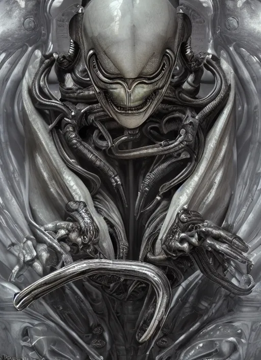 Image similar to engineer prometheus, xenomorph alien, highly detailed, symmetrical long head, smooth marble surfaces, detailed ink illustration, raiden metal gear, cinematic smooth stone, deep aesthetic, concept art, post process, 4k, carved marble texture and silk cloth, latex skin, highly ornate intricate details, prometheus, evil, moody lighting, hr geiger, hayao miyazaki, indsutrial Steampunk