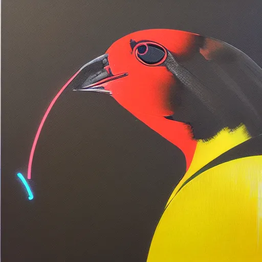 Image similar to a neon-winged mechanical austral thrush, the background is the kernel of a virtual world, oil on canvas by Yoji Shinkawa and Stina Persson