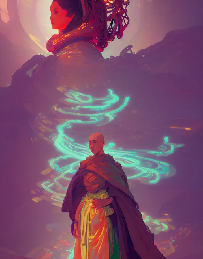 Image similar to a robot monk wearing a flowing cloak, vaporwave aesthetic, colorful, psychedelic, digital painting, artstation, concept art, smooth, sharp focus, illustration, art by artgerm and greg rutkowski and alphonse mucha