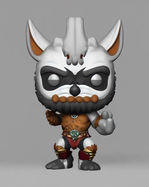 Prompt: full body 3 d render of warrior bara wolf as a funko pop!, studio lighting, grey background, no shadow, blender, trending on artstation, 8 k, highly detailed