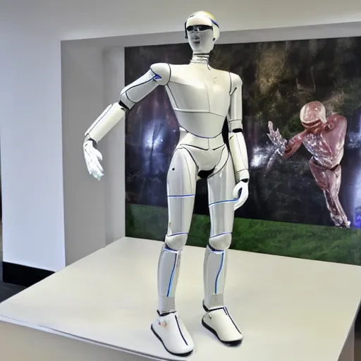 Image similar to shiny skin, humanoid robot, posing like a statue, showing off his muscles, f 1 driver charles leclerc, made of ice, on display, by the pool, a realistic detailed photo of a guy who is an attractive humanoid who is half robot and half humanoid, frozen ice statue, blank stare, who is a male android